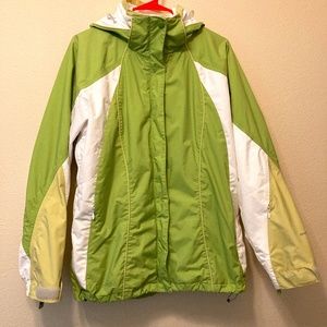 Columbia Hooded Ski Jacket with zip-in lining, green and white, Wmns size Large